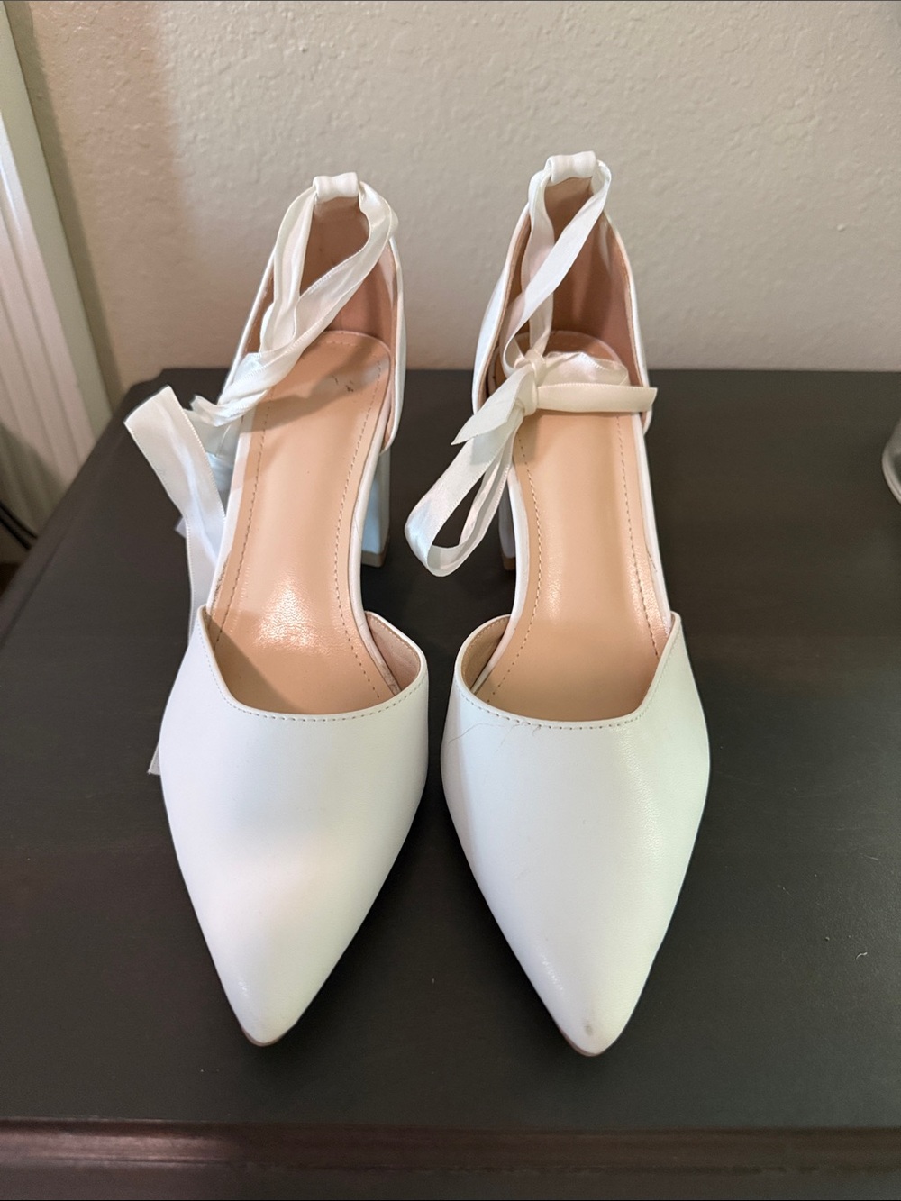 Women's White Ankle Tie Pointed Toe Heels